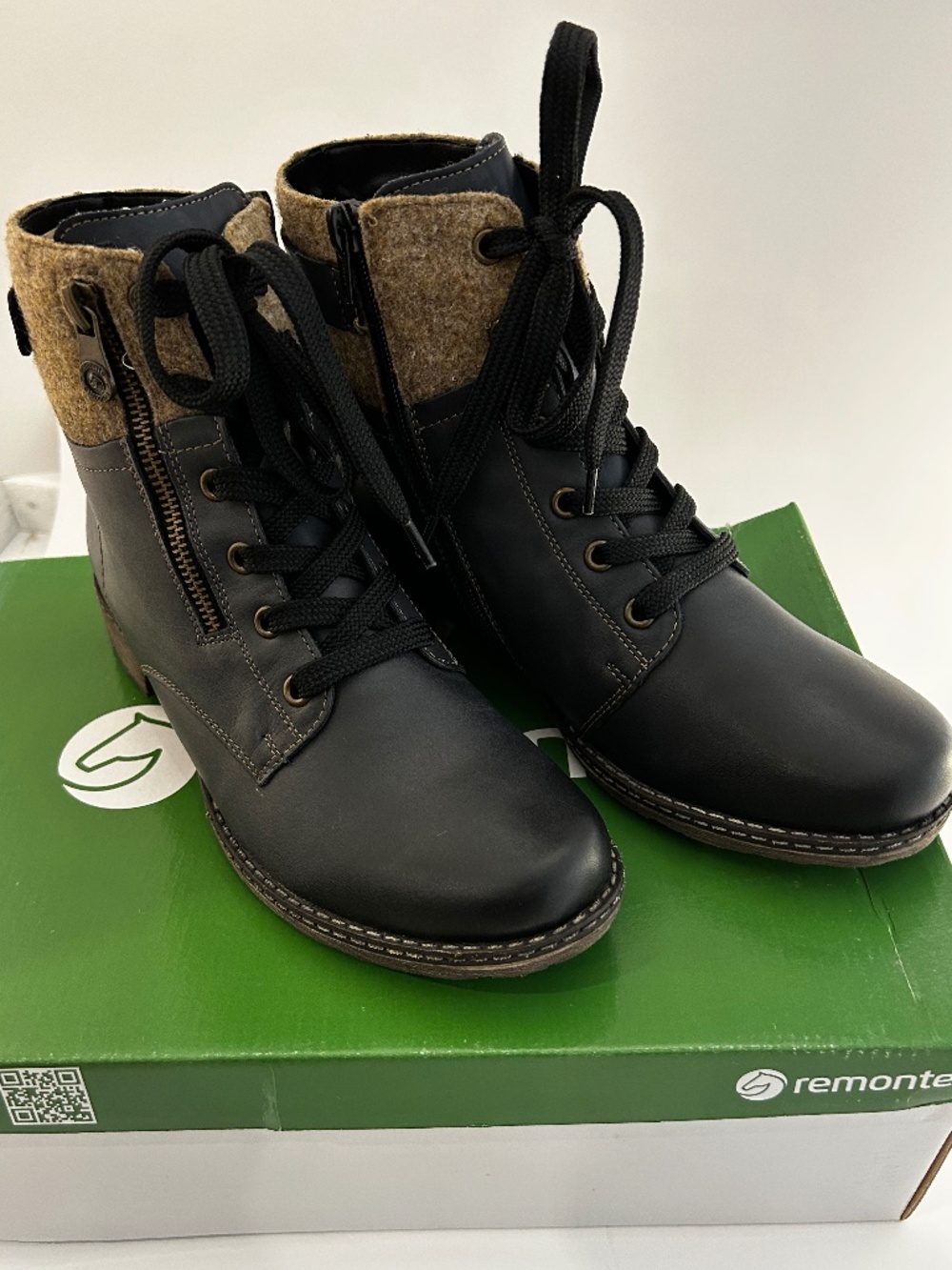 Remonte Navy Leather Combat Boots with Felt Cuff – Size 38 – NIB